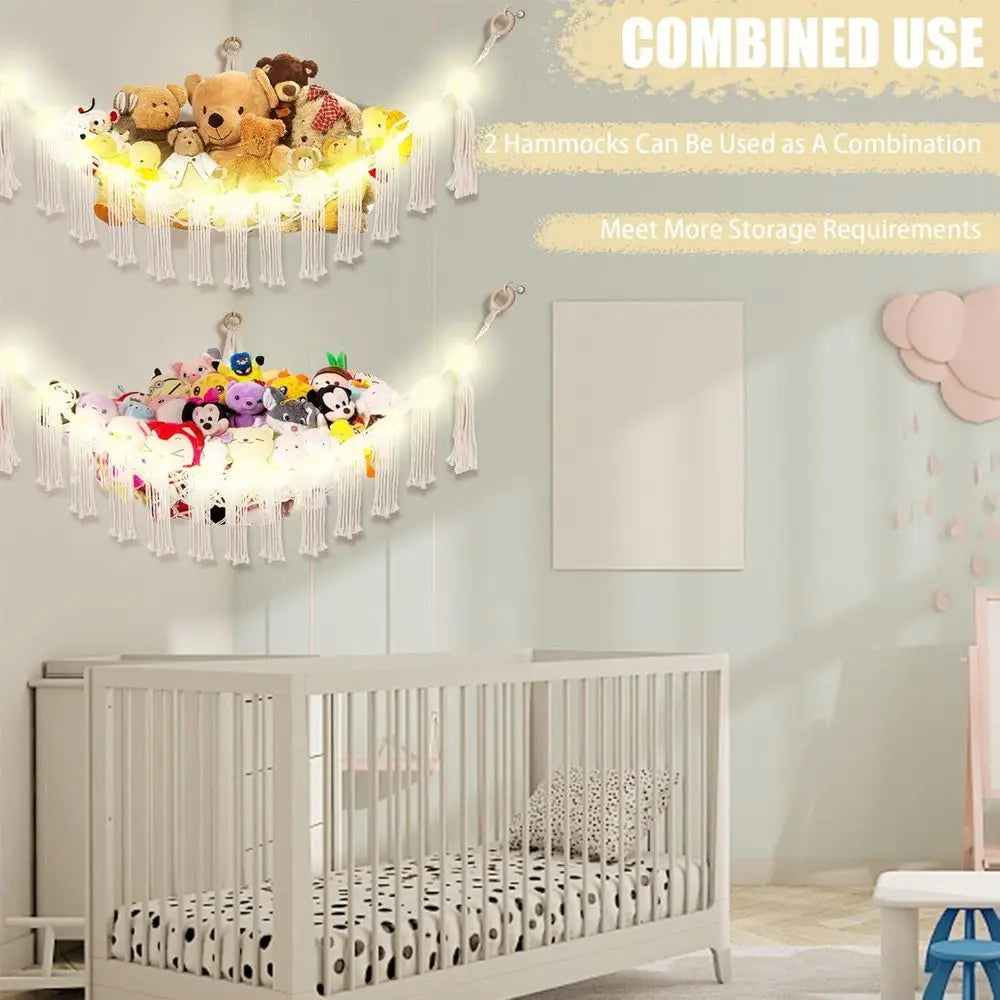 Stuffed Animal Hammock with LED Light, Large Stuffed Animals Storage Corner Plushie Net for Kids Room Decor, White