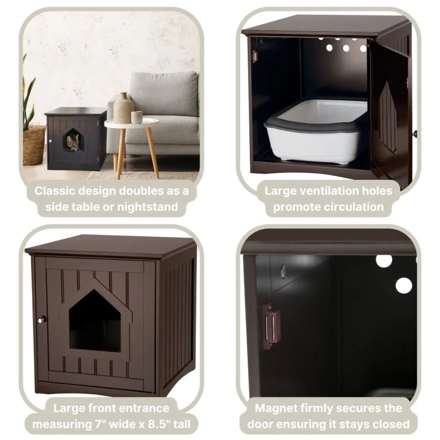 Small Cat Litter Box Enclosure Hidden Litter Indoor Cat Furniture Pet Home Side Table Brown