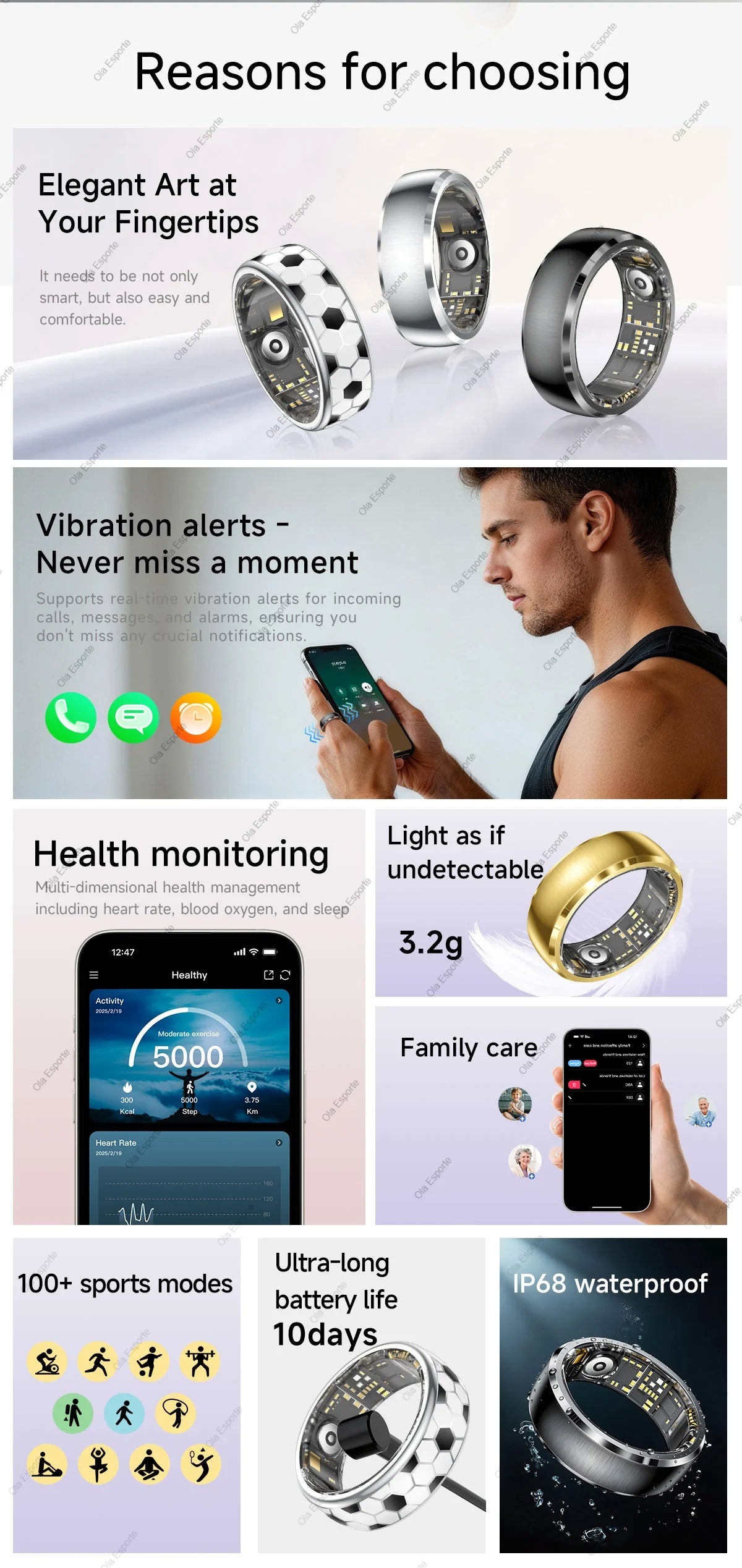Ola Esporte Smart Ring Fitness Tracker With Charging Case