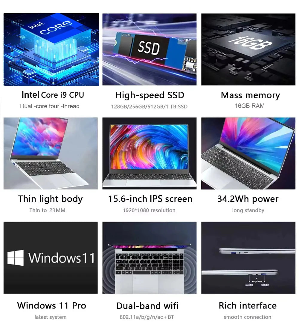 Windows 11 15.6' Ultra Slim Portable Laptop Intel Core I9-9900U 16GB RAM 1TB 2TB SSD Fingerprint Office Gaming Laptop PC