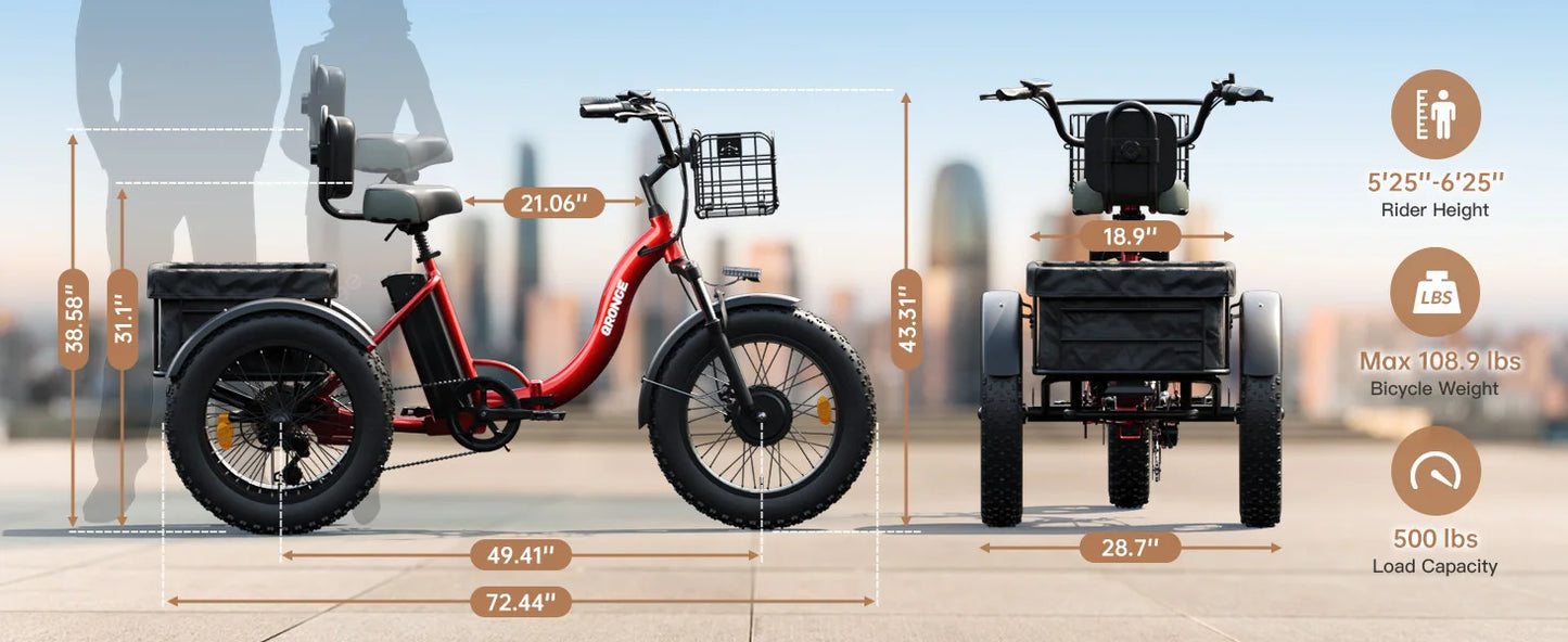 QRONGE Electric Bike for Adults 1200W Peak 36V 20AH Battery Folding Electric Tricycle 75 Miles Range Max 20MPH 20"*4" Fat Tire Electric Trike