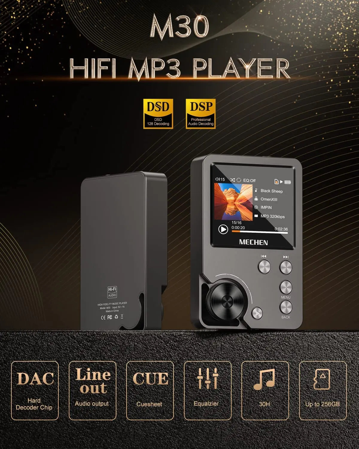 MP3 Player, Lossless DSD High Definition Portable Hi-Fi Digital Audio Music Player with 64GB Memory Card, Supports Up to 256GB