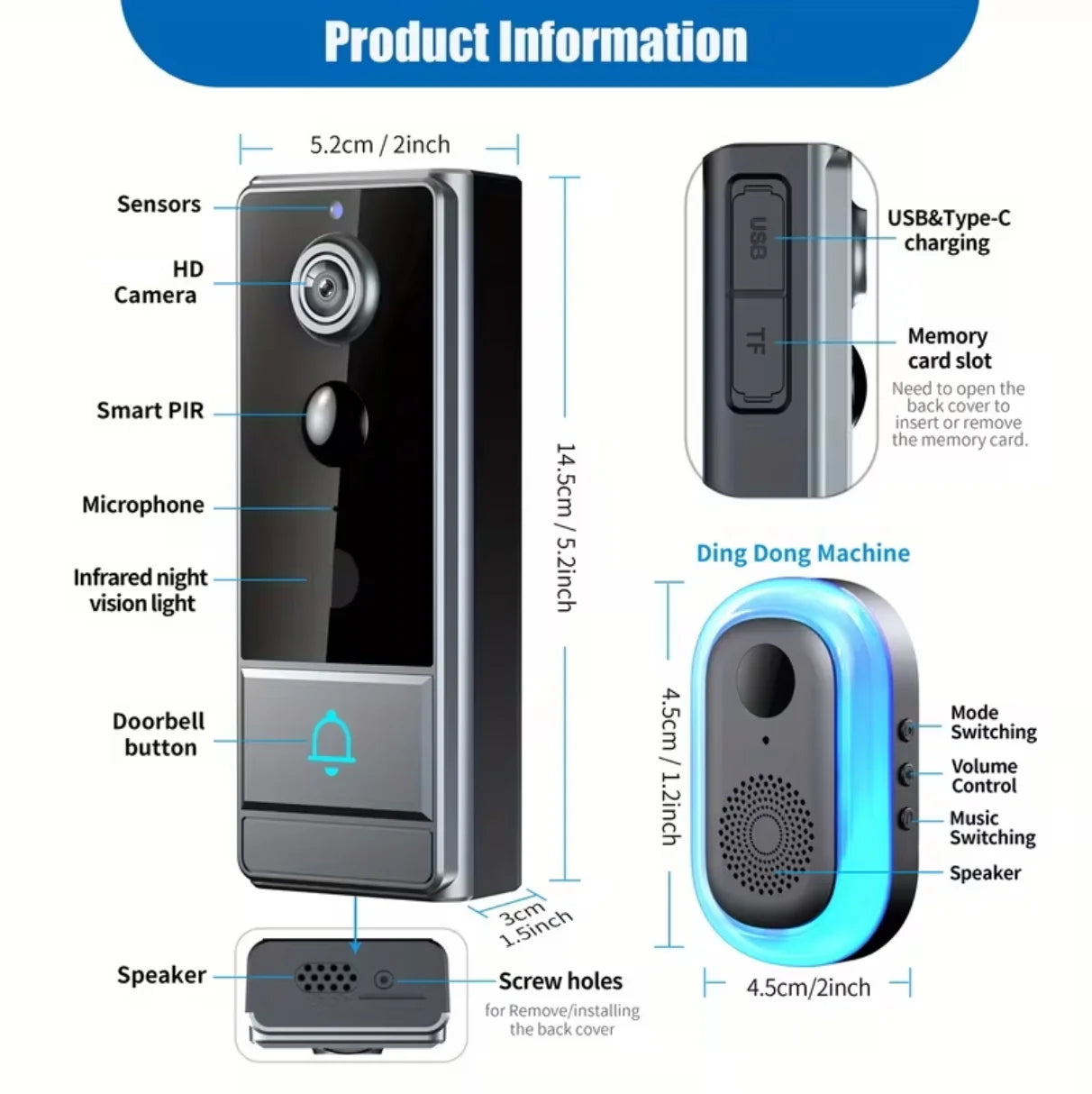 Wireless Smart Video Doorbell, Doorbell Camera, Home Security WiFi Doorbell Camera, PIR Motion Doorbell, Intelligent Package Detection,Elderly And Pets Safety Surveillance Camera Suitable Apartment/ Indoor/ Outdoor Security
