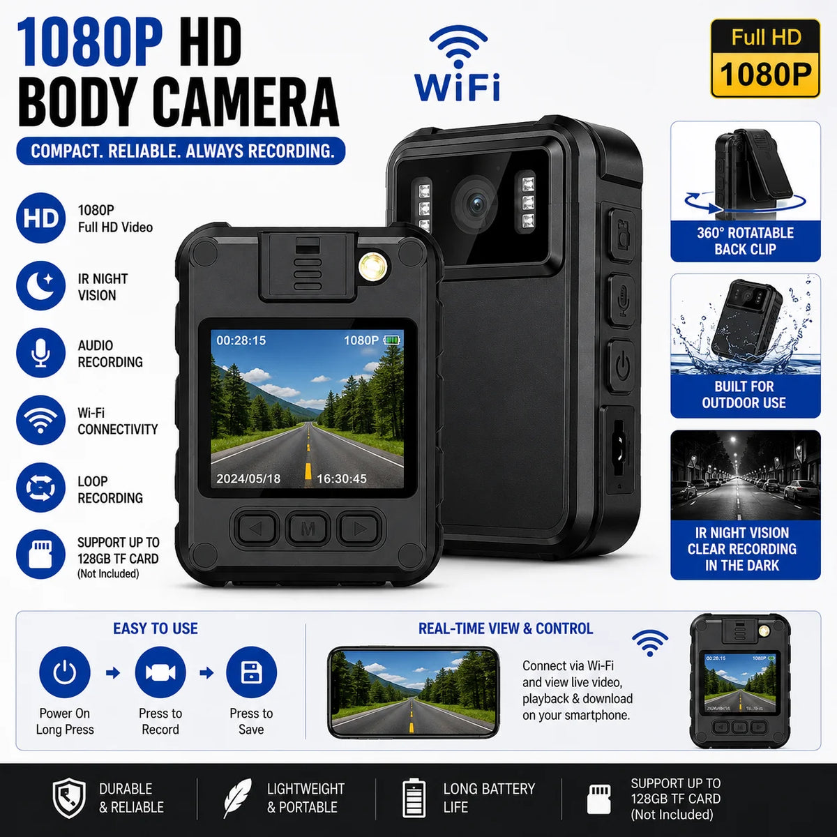 1080P Wireless Body Camera With Night Vision And Led Display