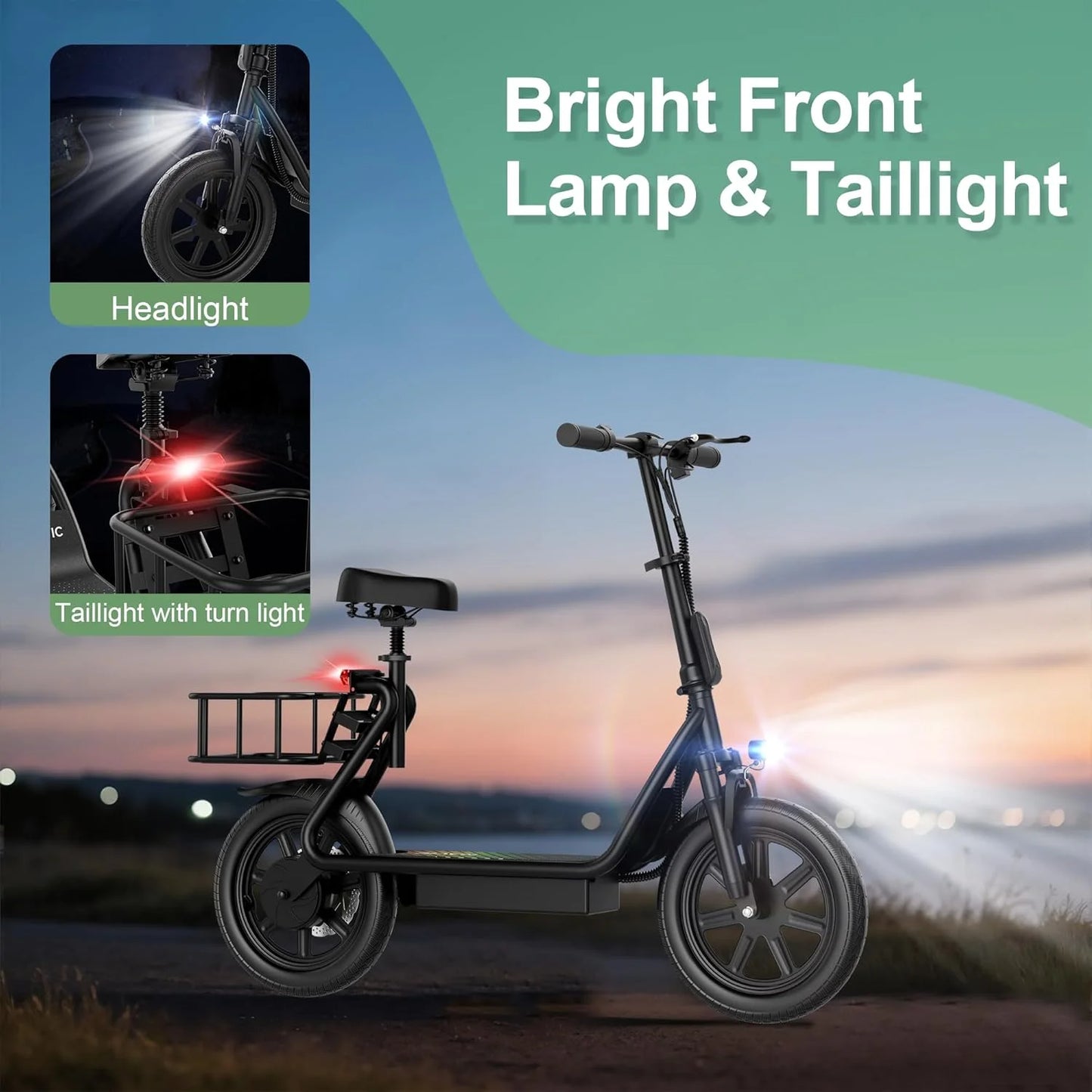 14‘’ Electric Scooter with Seat for Adult, 20MPH Speed Power by 500W Motor, 48V/10.4Ah Battery,28miles Max Range Wider Deck & Height Carry Basket