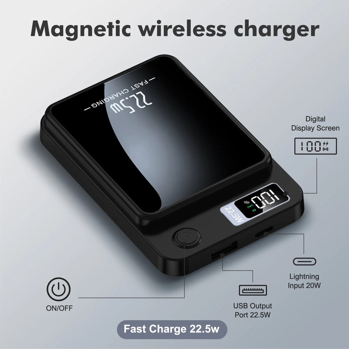 Magnetic Wireless Power Bank With Fast Charging And LED Display