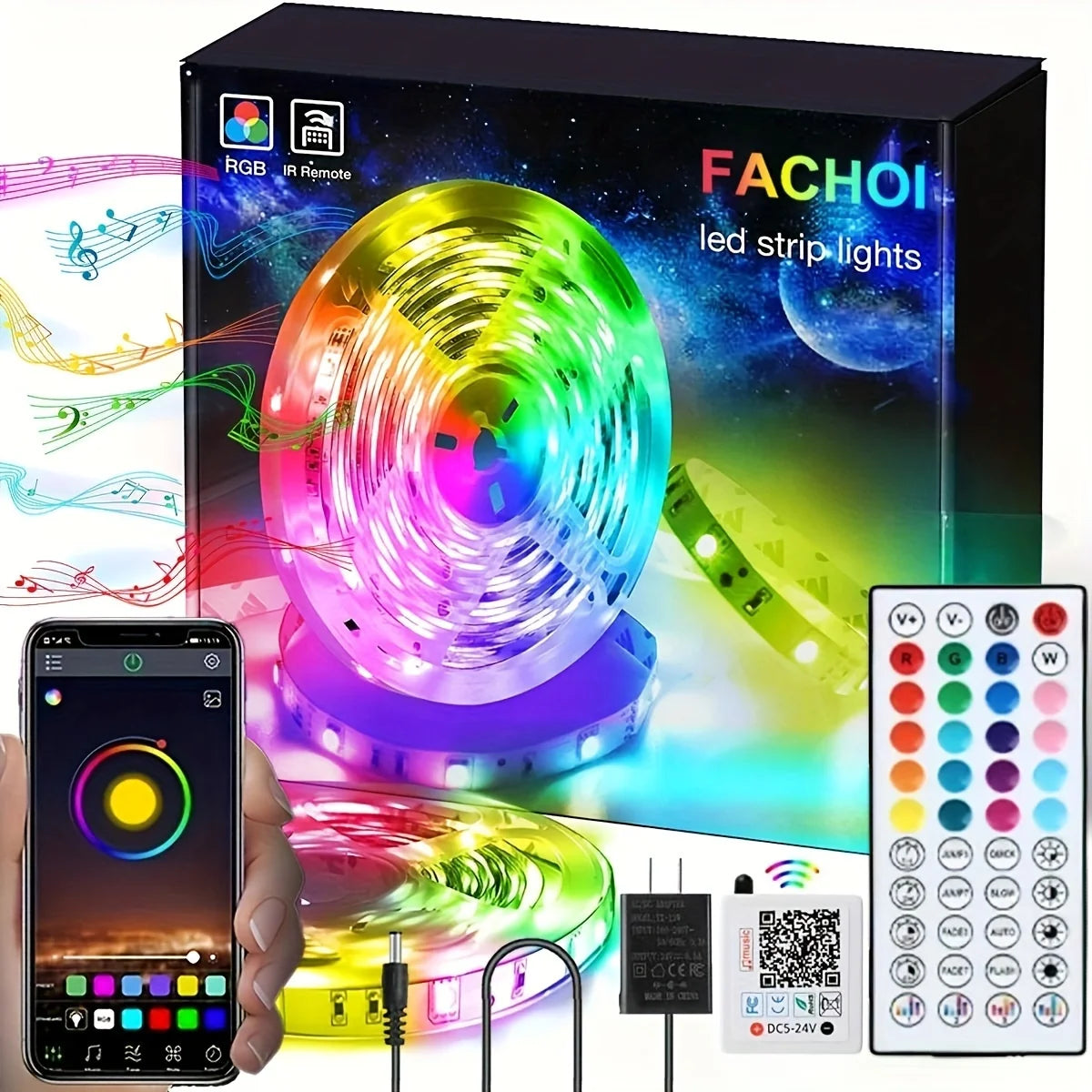 16ft/49ft/98ft/196ft Long LED Strip Lights - Color-Changing RGB Music Sync LED Rope Lights With 44-Key Remote And Phone App Cont