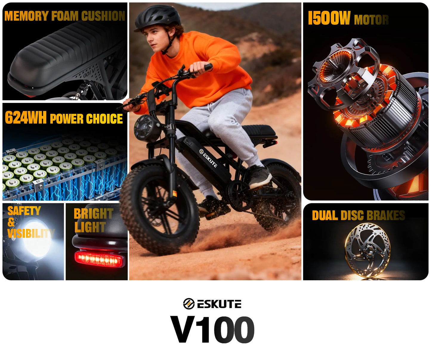 Eskute V100 Electric Dirt Bike, 1500W Peak 28MPH 48V13Ah Battery Motorcycle, All Terrain Dual Suspension E Bike 28MPH Top Speed, Ebike Up to 60 Miles Range, 16"x4" Fat Tire,  7-Speed，UL2849