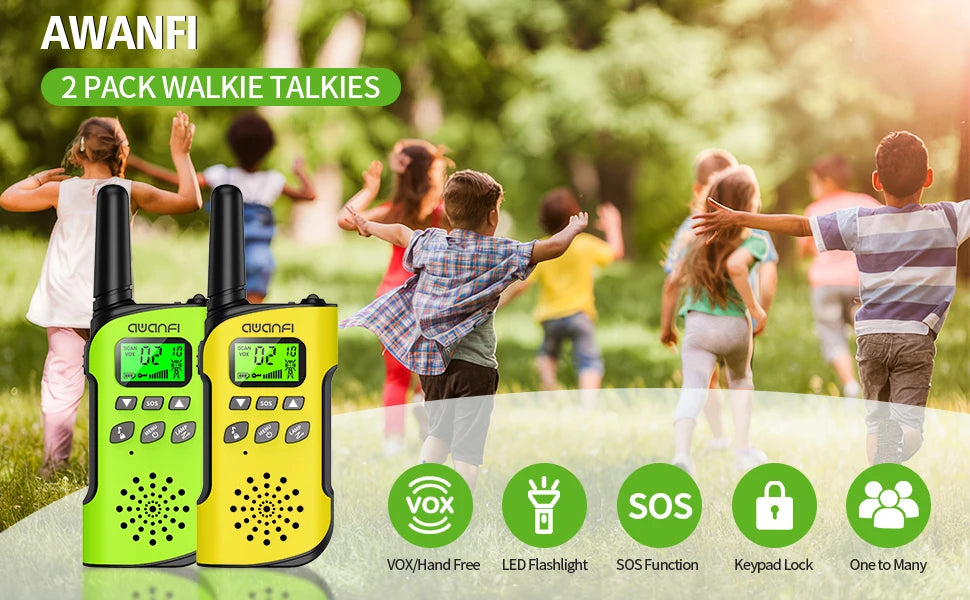 AWANFI Walkie Talkies 4 Packs Rechargeable  for kids, Long Range Flashlight 8 Channel, USB Type C for Camping, Hiking, Gifts