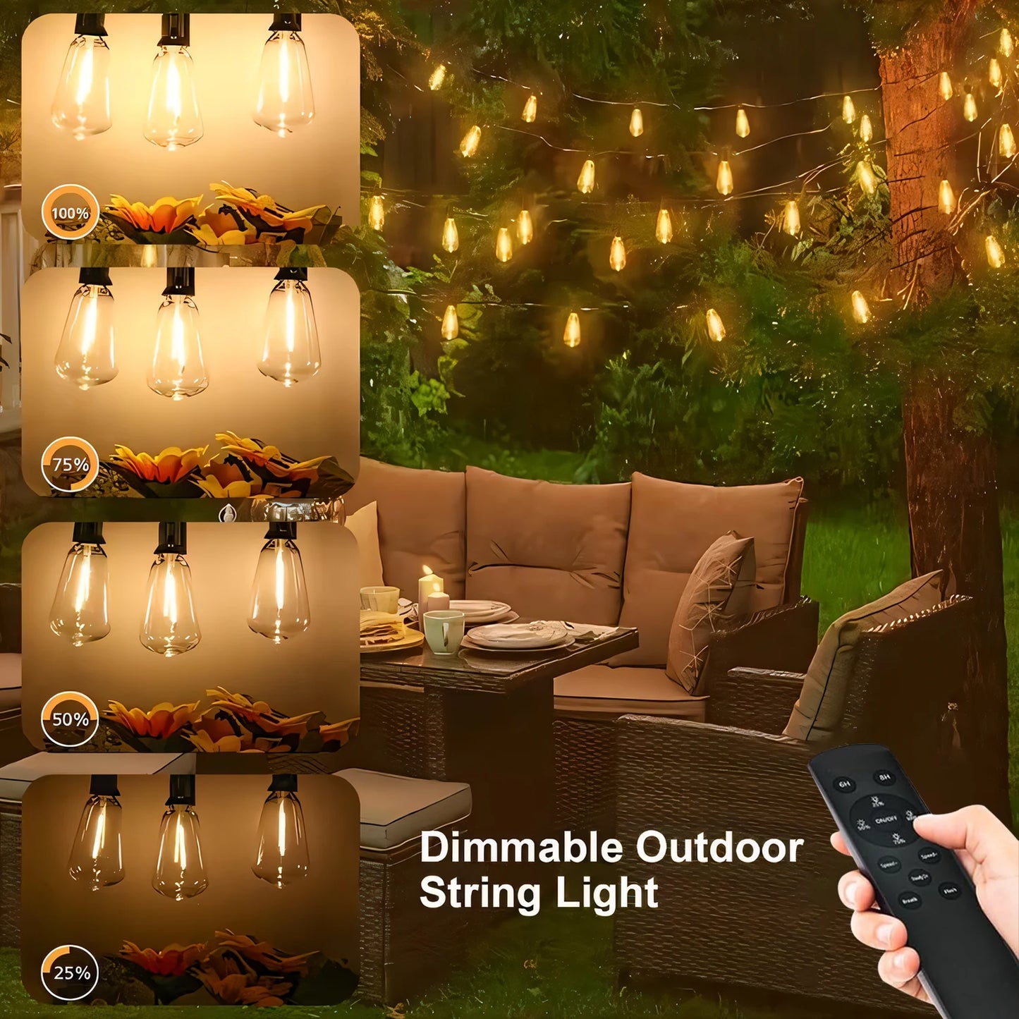 50FT ST38 Solar String Lights, 2700K Warm White, Black Wire, E12, Solar Powered with Remote, Waterproof Outdoor Patio Lights