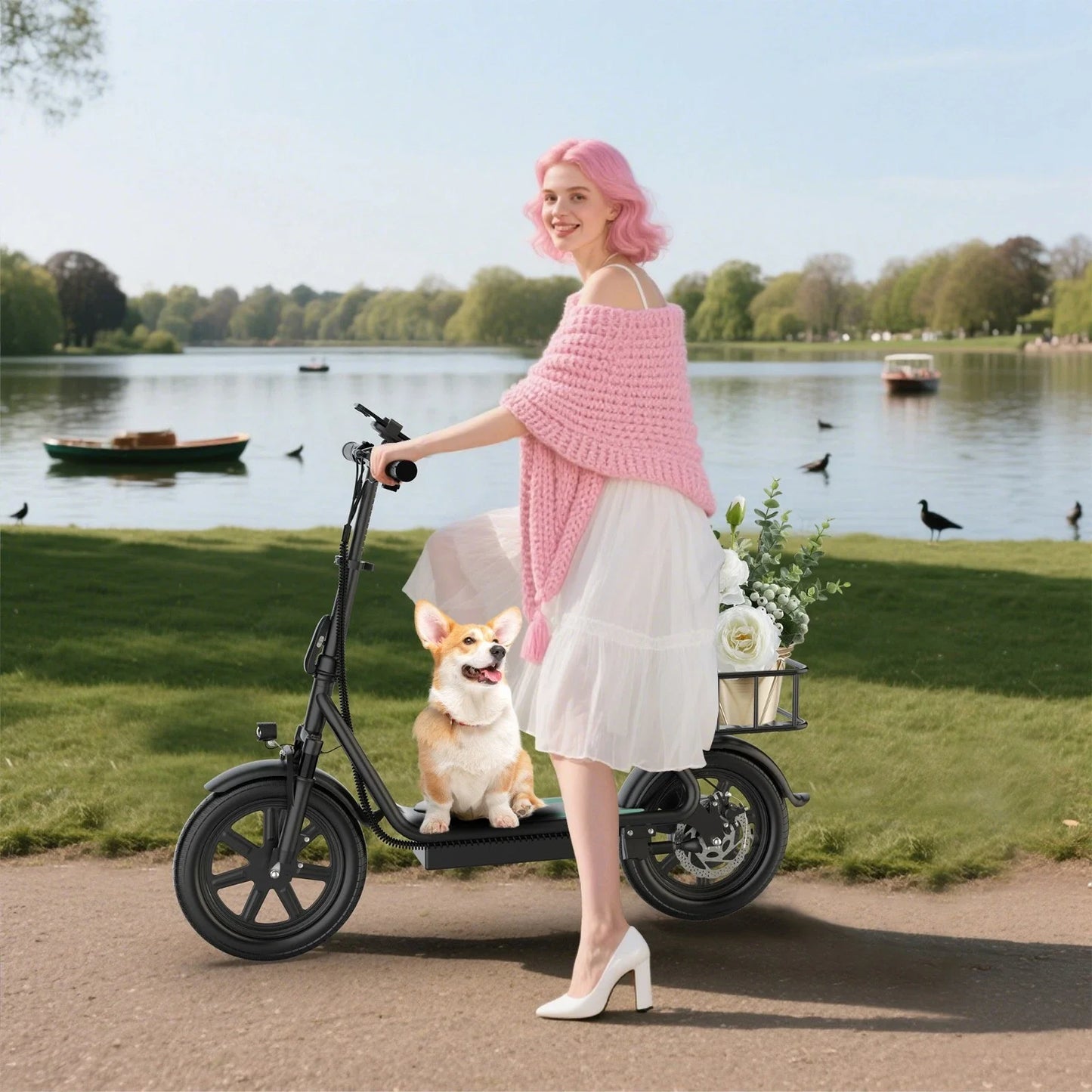 14‘’ Electric Scooter with Seat for Adult, 20MPH Speed Power by 500W Motor, 48V/10.4Ah Battery,28miles Max Range Wider Deck & Height Carry Basket