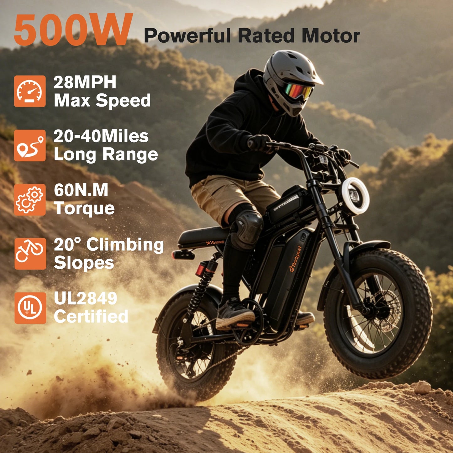 Bodywel M16 Fat Tire Electric Bike 16" x 4.0 Off-Road E-Bike 40 Mile Range Removable Battery Electric Bicycle