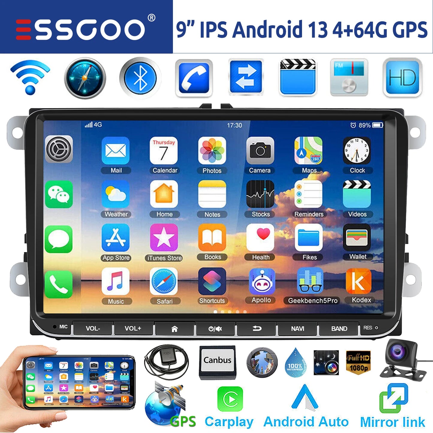 9" Android 15 6G+128G Wireless Carplay Car Stereo GPS NAVI WIFI RDS FM BT EQ for VW Golf 5 6 Passat Polo Touran Tiguan Caddy EOS