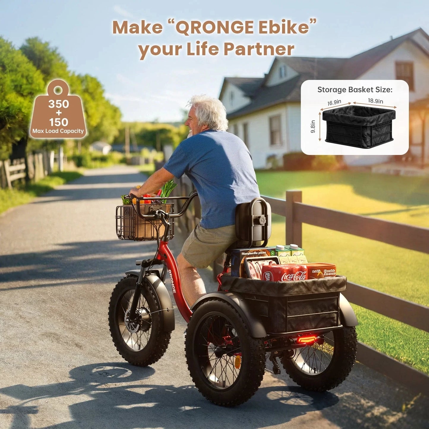 QRONGE Electric Bike for Adults 1200W Peak 36V 20AH Battery Folding Electric Tricycle 75 Miles Range Max 20MPH 20"*4" Fat Tire Electric Trike