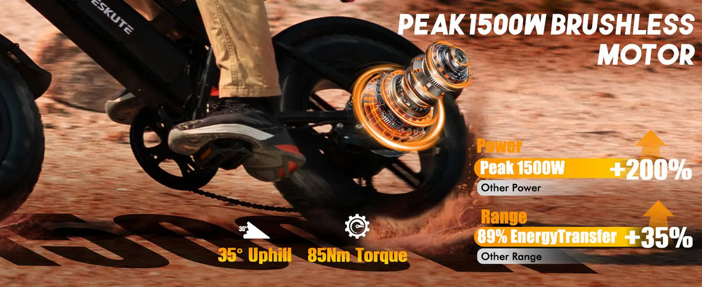 Eskute V100 Electric Dirt Bike, 1500W Peak 28MPH 48V13Ah Battery Motorcycle, All Terrain Dual Suspension E Bike 28MPH Top Speed, Ebike Up to 60 Miles Range, 16"x4" Fat Tire,  7-Speed，UL2849