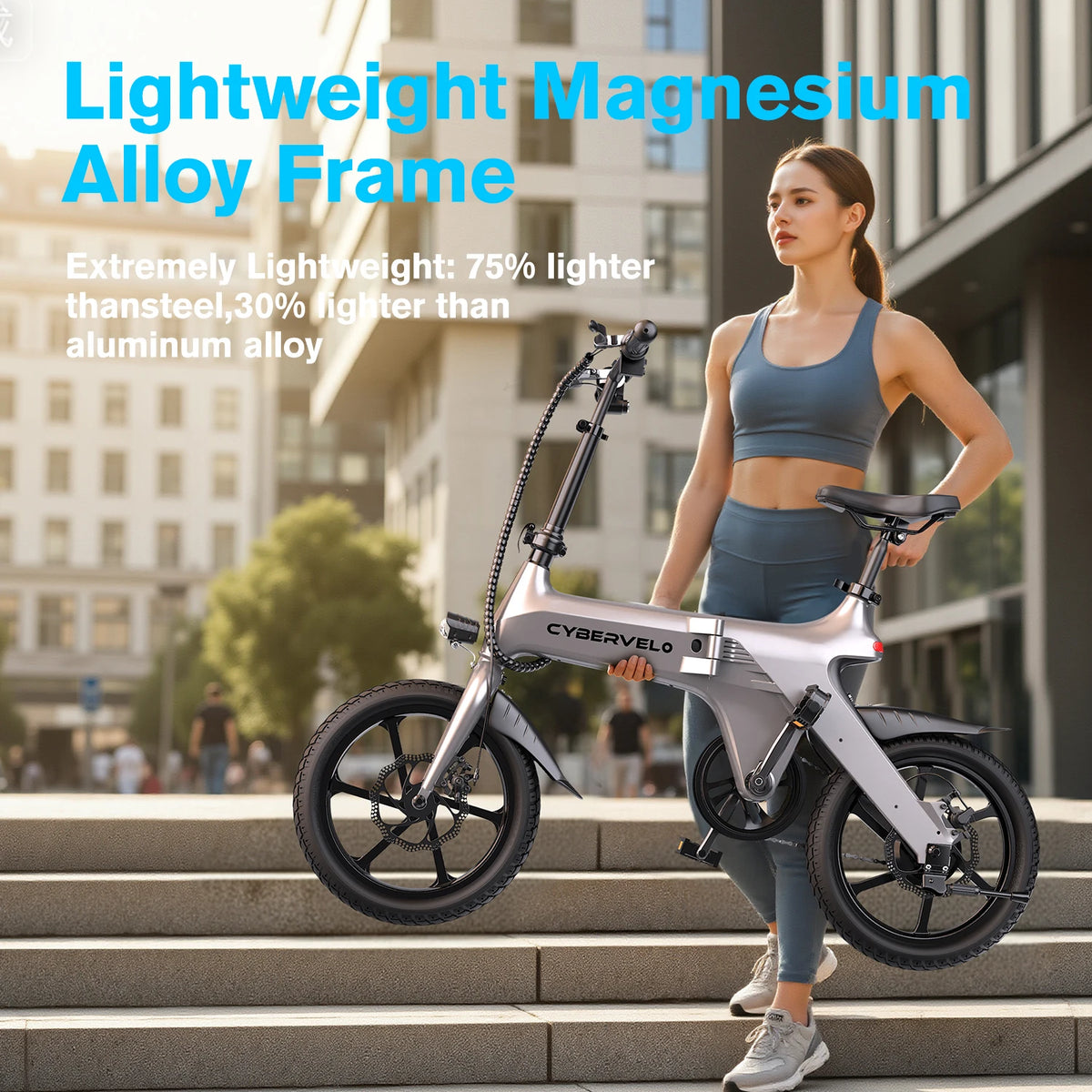 Cybervelo 500W Peak Motor City Ebike, 36V Foldable Ultra Light Weight Commuter for Adult, 20MPH 15Ah Internal Battery EK13