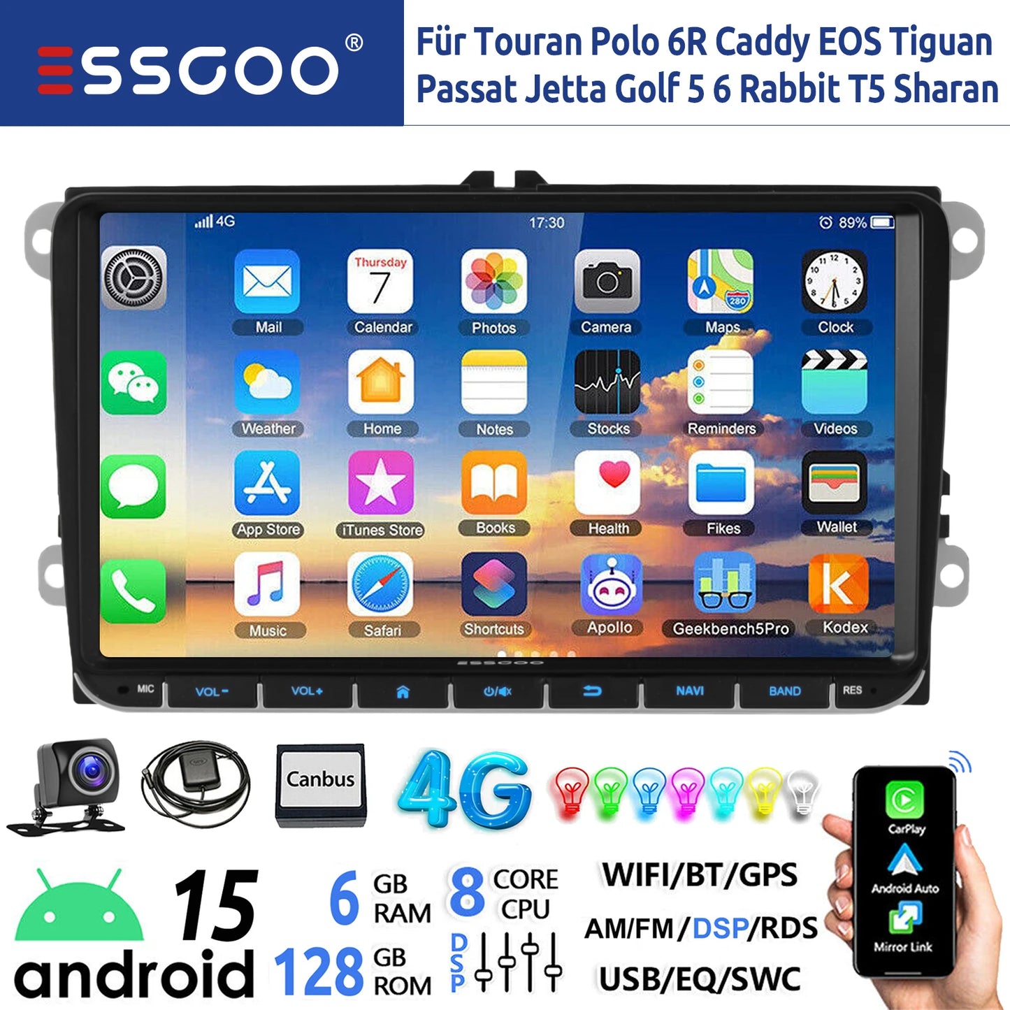 9" Android 15 6G+128G Wireless Carplay Car Stereo GPS NAVI WIFI RDS FM BT EQ for VW Golf 5 6 Passat Polo Touran Tiguan Caddy EOS