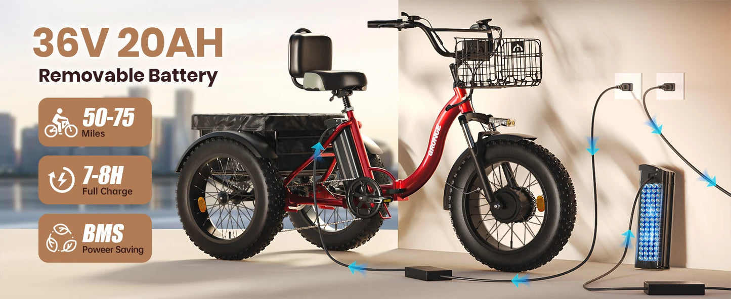 QRONGE Electric Bike for Adults 1200W Peak 36V 20AH Battery Folding Electric Tricycle 75 Miles Range Max 20MPH 20"*4" Fat Tire Electric Trike