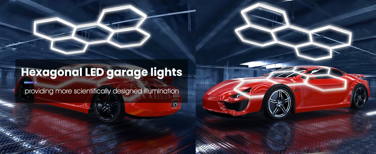Hexagon LED Garage Light 6500K Honeycomb Ceiling LED Tube Lighting for Car Detailing Shop Light for Barbershop Gym Car Wash Room