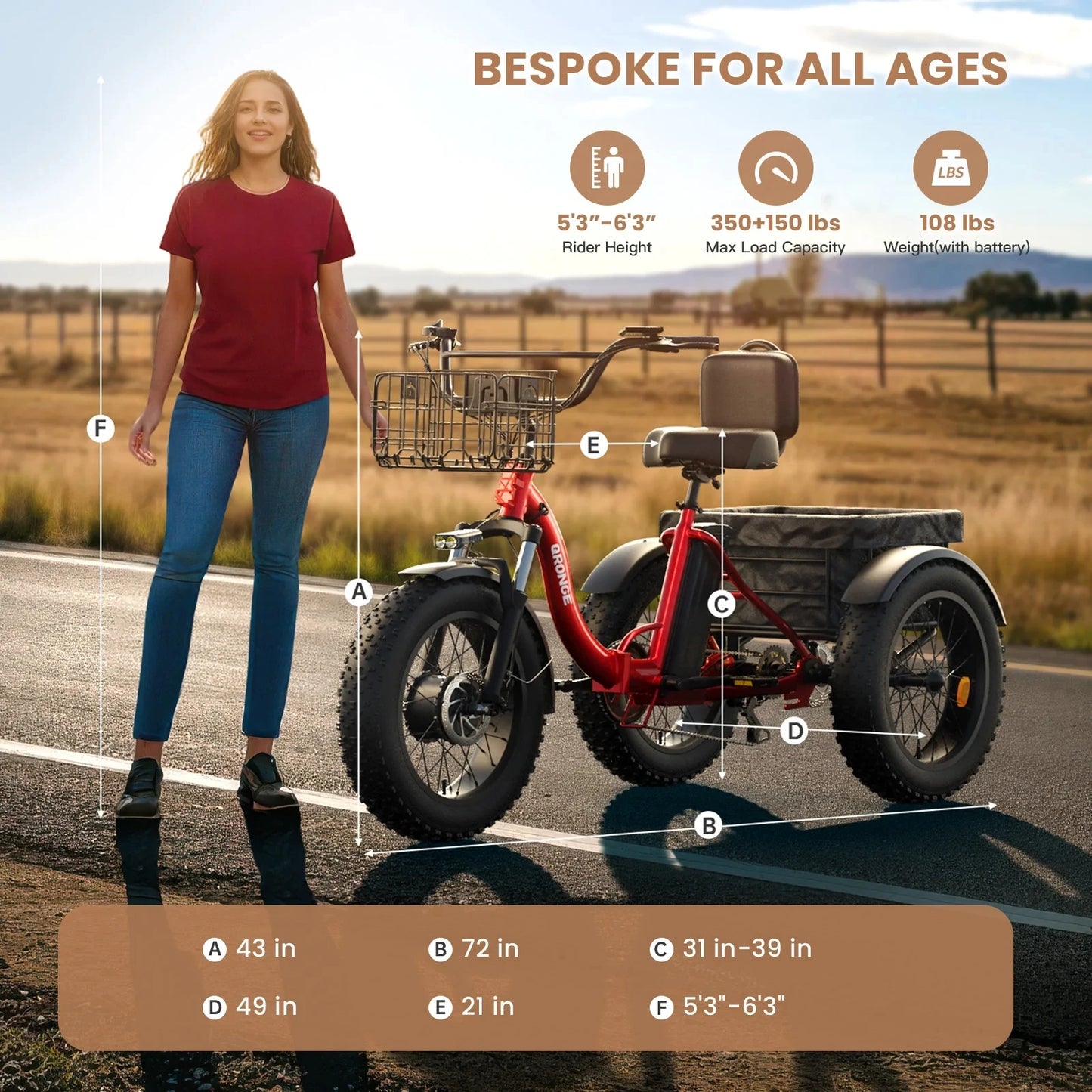 QRONGE Electric Bike for Adults 1200W Peak 36V 20AH Battery Folding Electric Tricycle 75 Miles Range Max 20MPH 20"*4" Fat Tire Electric Trike