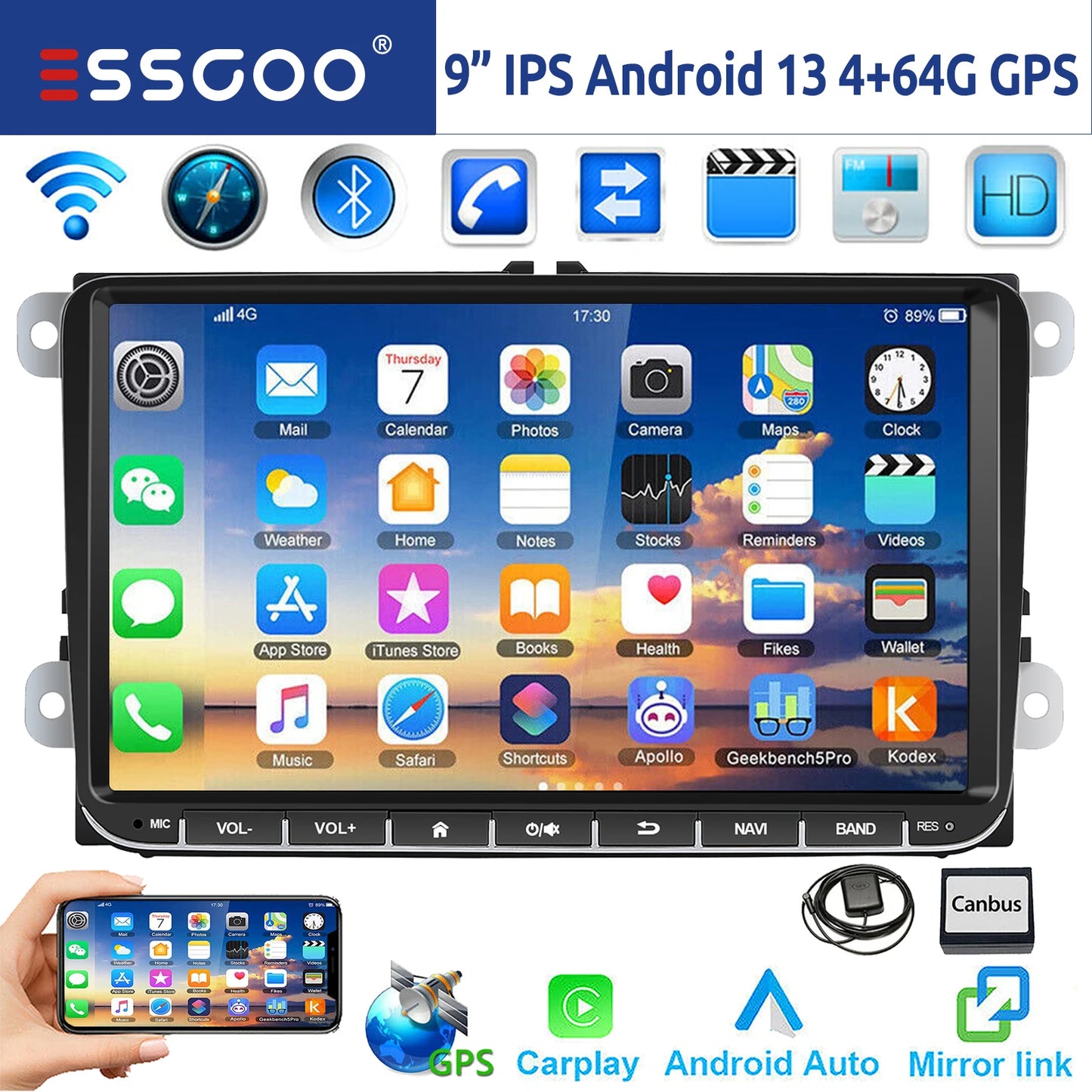 9" Android 15 6G+128G Wireless Carplay Car Stereo GPS NAVI WIFI RDS FM BT EQ for VW Golf 5 6 Passat Polo Touran Tiguan Caddy EOS