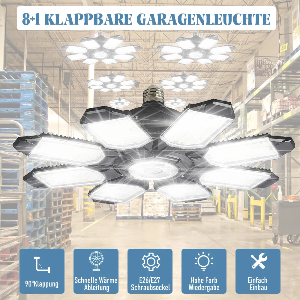200W Powerful Garage Light LED Foldable LED Bulbs E27 Adjustable Multi Panel Ceiling Lamp For Workshop Warehouse Lighting