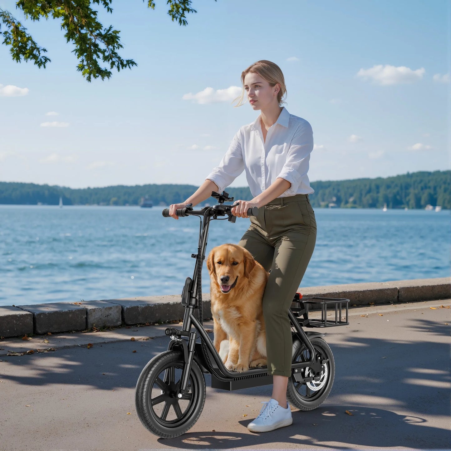 14‘’ Electric Scooter with Seat for Adult, 20MPH Speed Power by 500W Motor, 48V/10.4Ah Battery,28miles Max Range Wider Deck & Height Carry Basket
