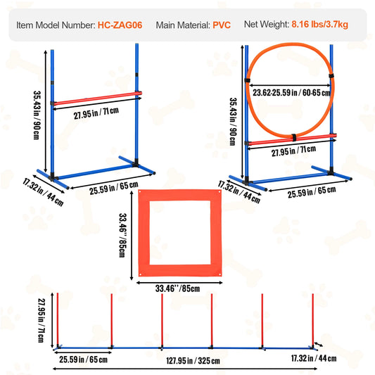 SucceBuy Dog Agility Training Equipment 4 PCS Set with Adjustable High Hurdles 6 Weave PolesJump Ring Square Pause Box Whistle