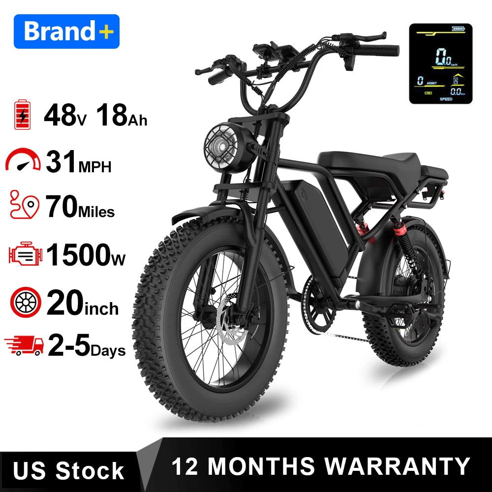 2026 New 1500W Electric Bike 20" Fat Tire 31mph Top Speed 70 Miles Range for Road Sand Mountain Snow Electric Motorcycle