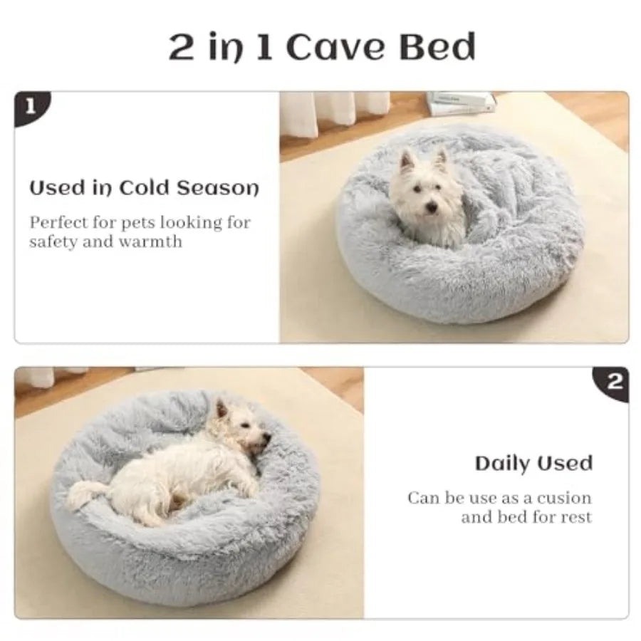 Calming Donut Dog Bed with Hooded Blanket Plush Fluffy Cave Bed for Small and Medium Dogs, Machine Washable Anti-Anxiety Pet Be
