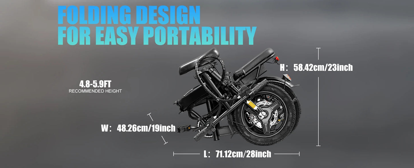 T5 Lightweight Folding Electric Bike for Adults 48V 750W Peak Power 20MPH 18-22 Miles Range 14Inch Disc Brake Commuter E-bike