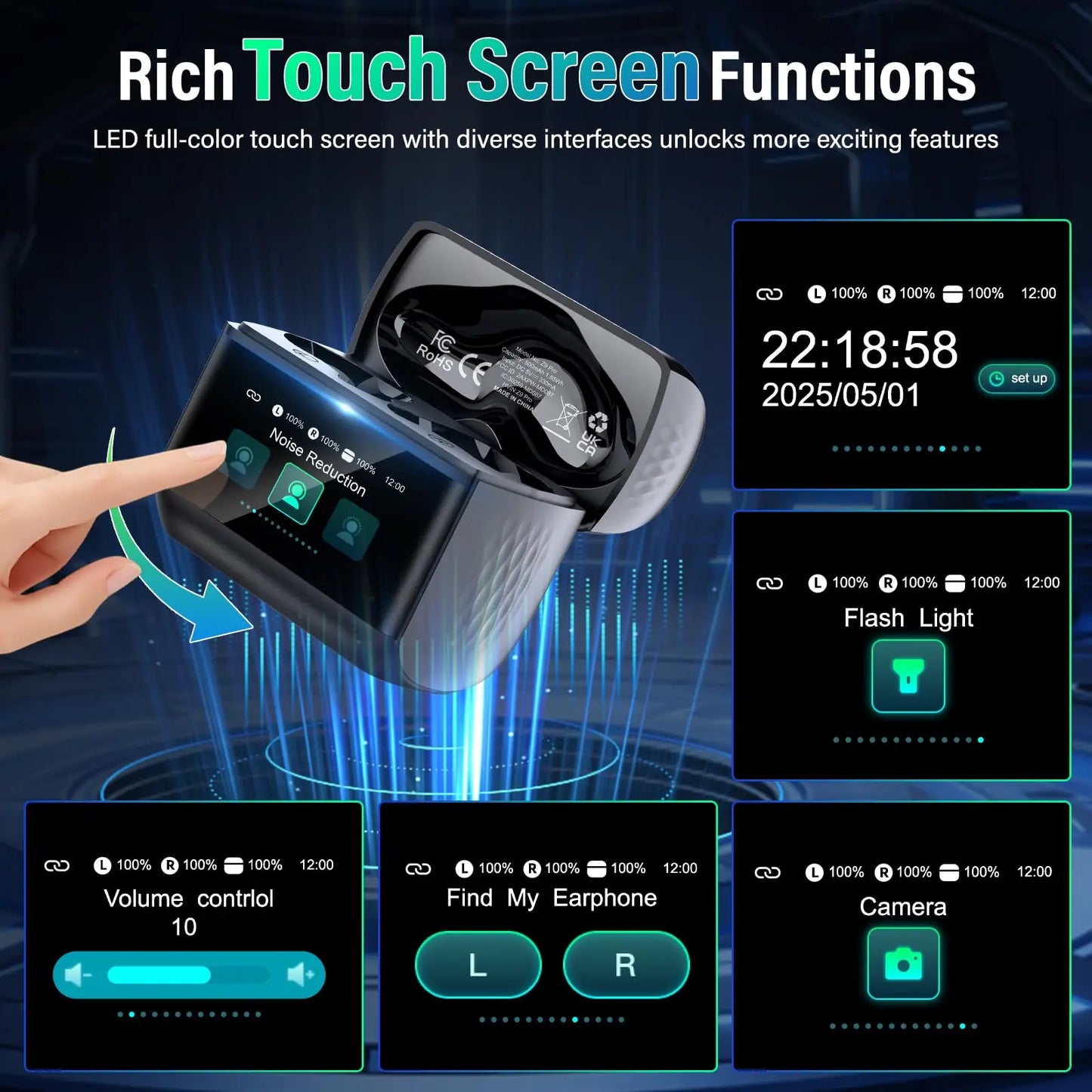2026 Touch Screen Wireless Earbuds Bluetooth 5.4 ANC ENC Noise Cancelling 48H Battery HiFi Stereo 5 EQ Modes IPX7 Waterproof Earphones with Smart Display Case.