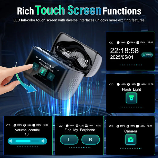2026 Touch Screen Wireless Earbuds Bluetooth 5.4 ANC ENC Noise Cancelling 48H Battery HiFi Stereo 5 EQ Modes IPX7 Waterproof Earphones with Smart Display Case.