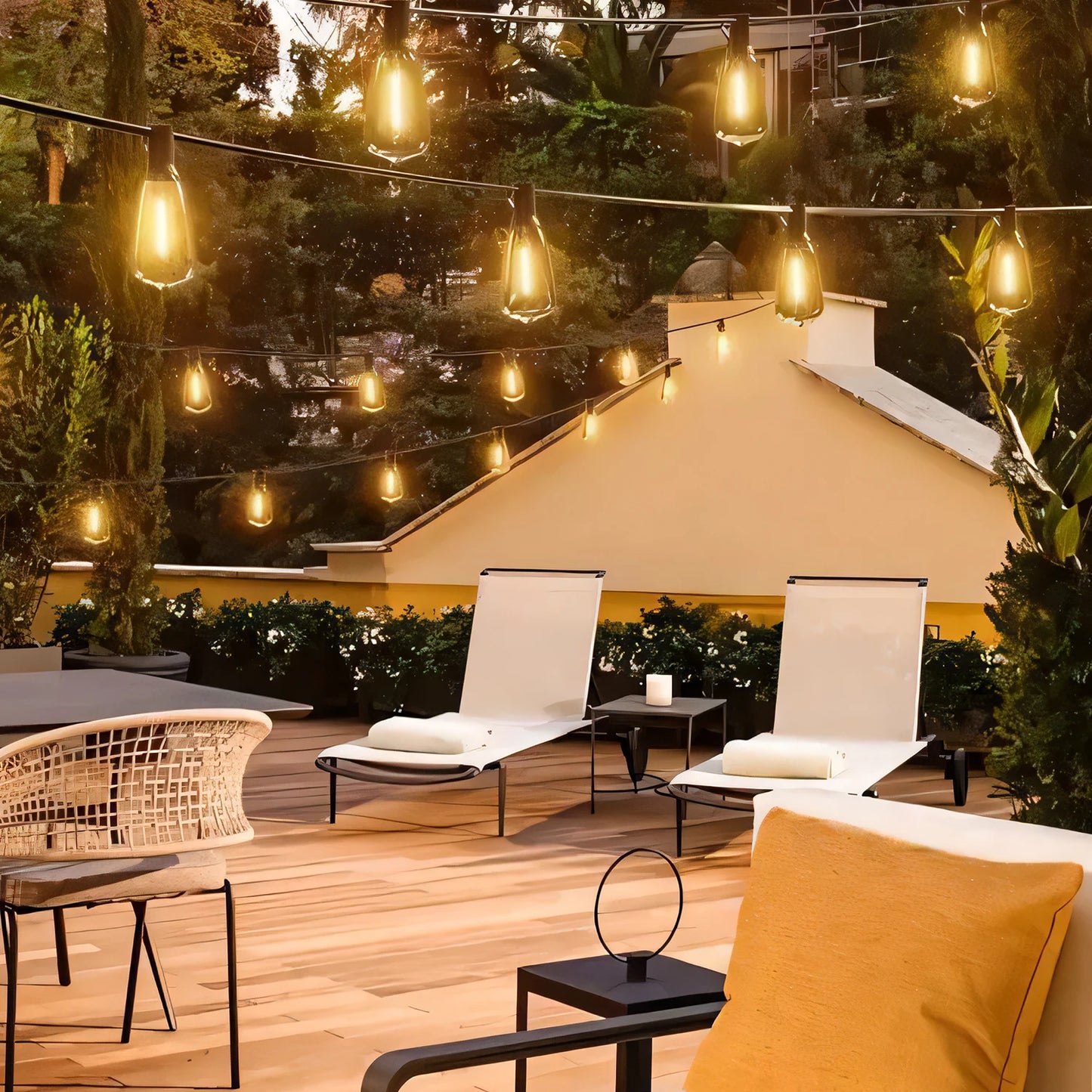 50FT ST38 Solar String Lights, 2700K Warm White, Black Wire, E12, Solar Powered with Remote, Waterproof Outdoor Patio Lights