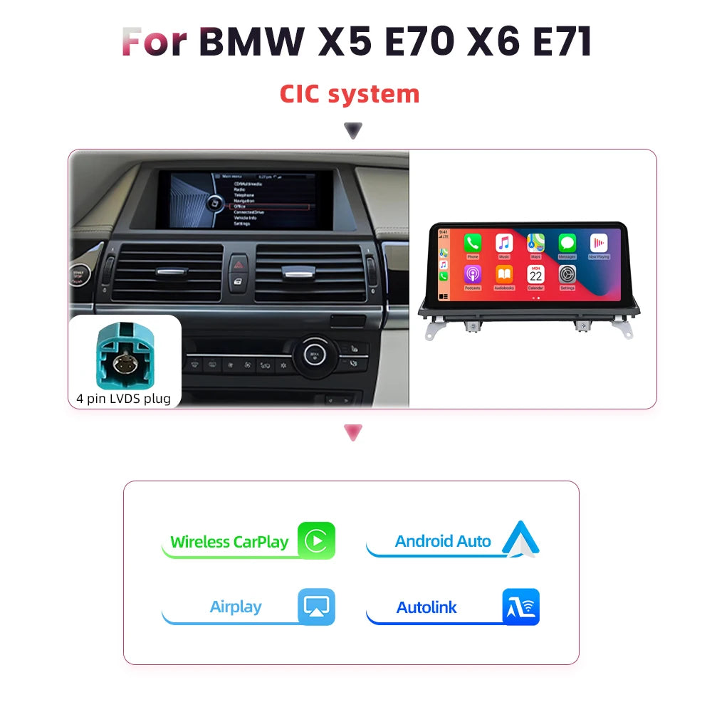 BONROAD Car Radio Wireless Carplay Android auto For BMW X5 E70 X6 E71 CCC CIC Bluetooth Mirror Link Navigation GPS Touch Screen