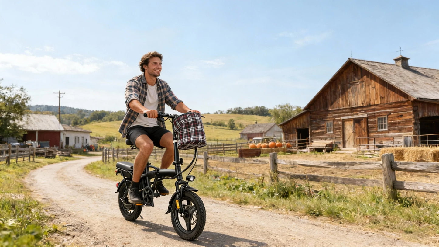 T5 14-inch Foldable Electric Bike 48V 750W Peak Power 20MPH 499Wh Long Range Lightweight Ebike with Dual Disc Brake And Basket for Adult Commute 22 Miles