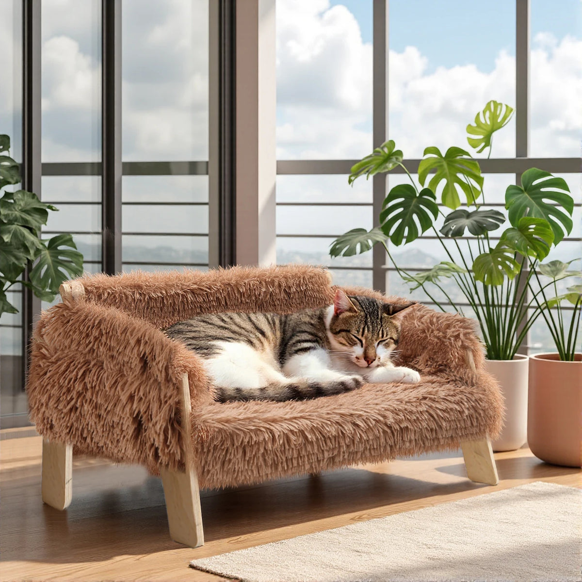 Comfortable Plush Wooden Leg Cat Sofa Bed Indoor Pets