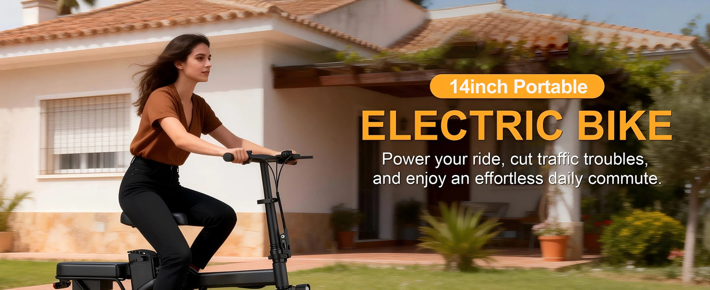 14'' Foldable Electric Bike 500W Motor 48V Battery 22MPH Max Speed 30Miles Long Range with Two Seats for Adult Mini E Bike