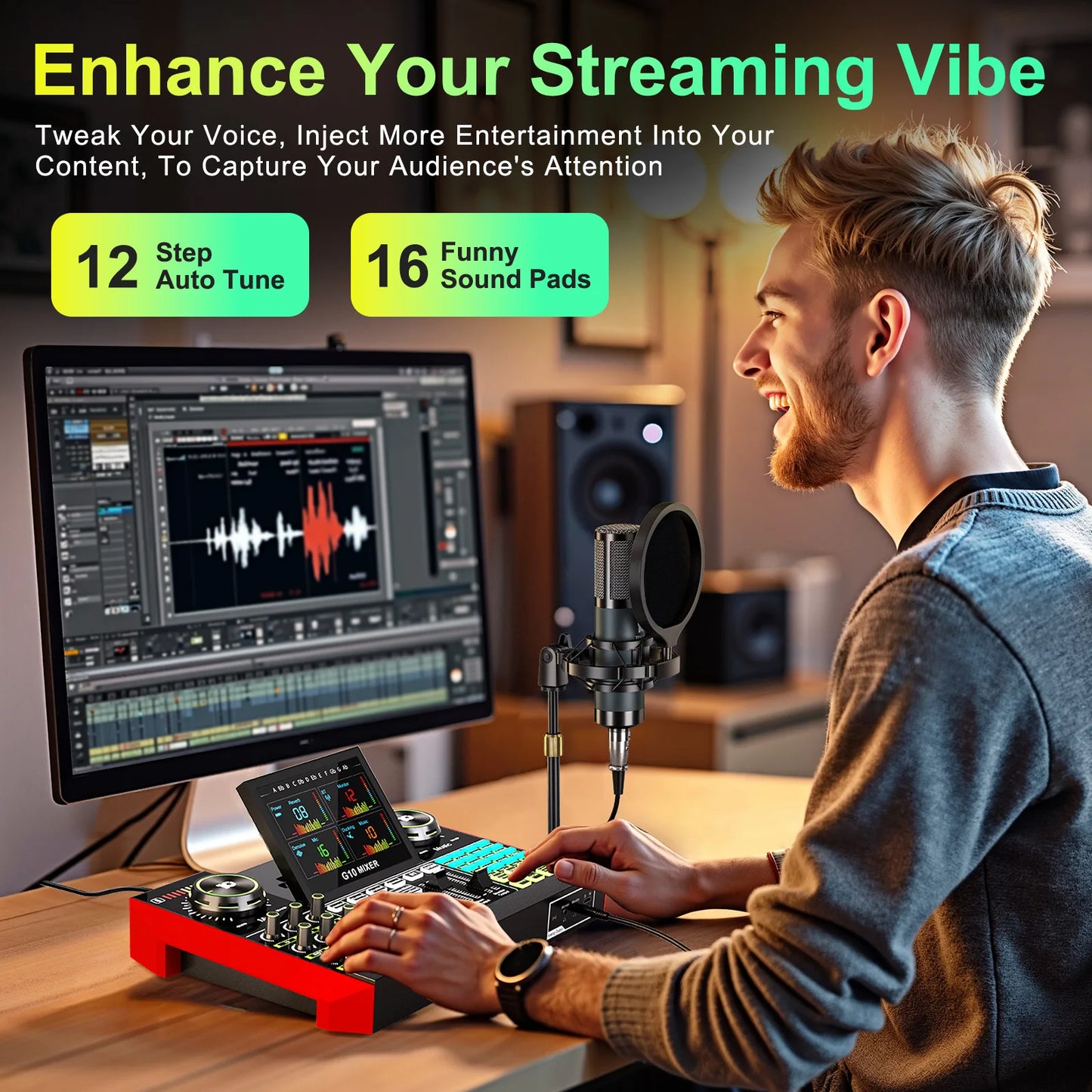 Tenlamp Voice Changer, Denoise,Live Sound Board Audio Mixer,Podcast Equipment Bundle with 3.5mm Condenser Microphone(P15) for Pc/Phone，Studio Professional Recording, Electronic Music Mixer Power Conditioner Karaoke Machine