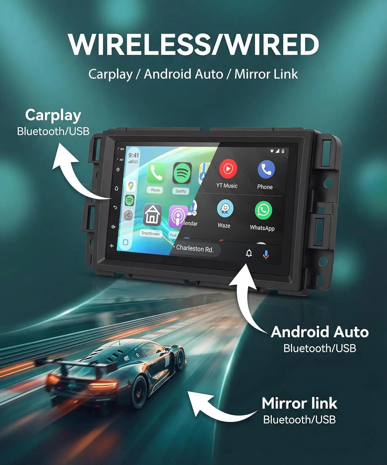 7inch Android 13 Car Touch Stereo Radio 2+32G GPS Navigation Head For Chevy Silverado Suburban Equinox Traverse Colorado GMC Sierra Terrain 2007-2018 Support Wireless Carplay Bluetooth FM WiFi Mirror Link Split Steering Wheel
