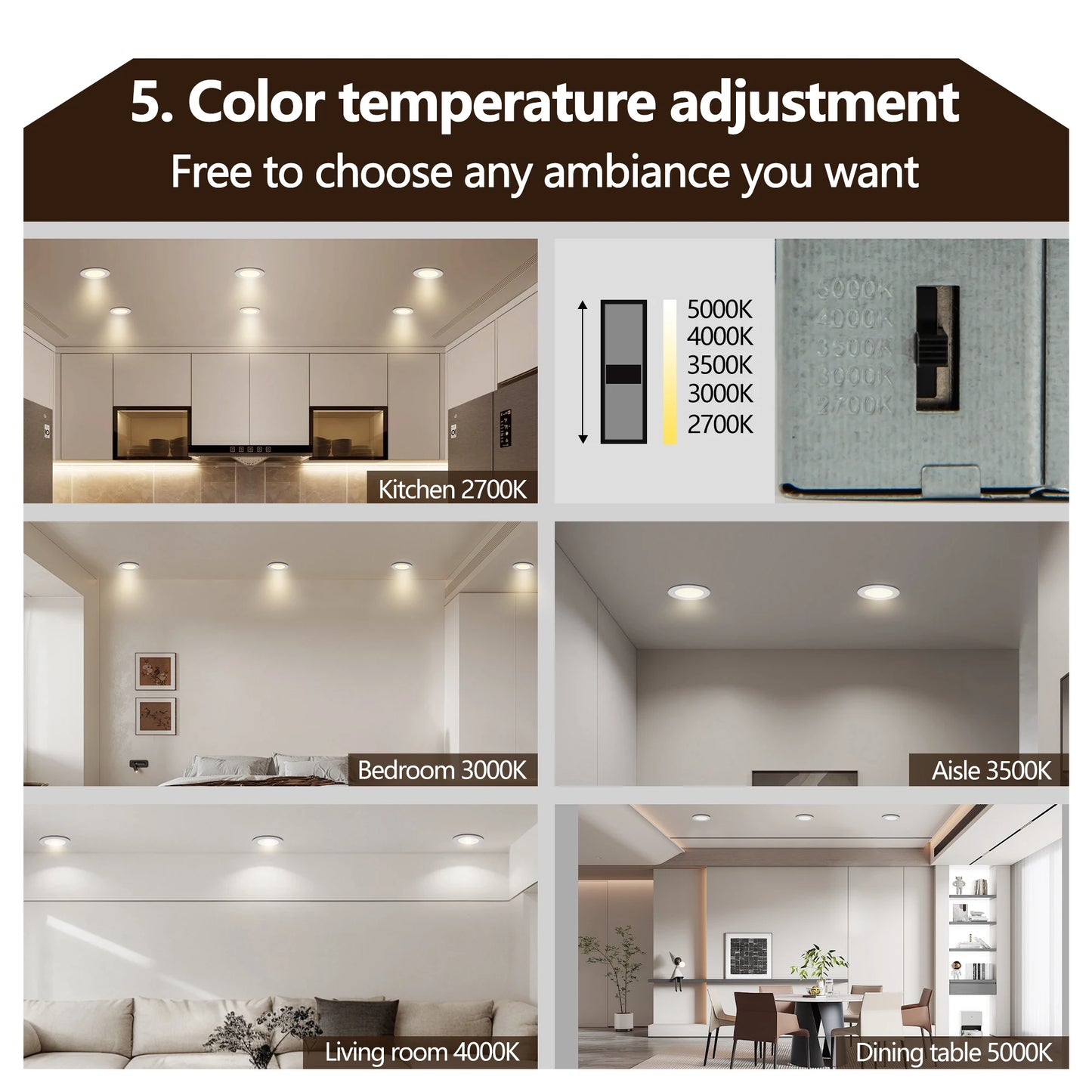 12-Piece Set of Shell-Less Led Ceiling Lights, Dimmable Recessed Downlights with Junction Box, 3000K-5000K Adjustable Color Temperature White Light