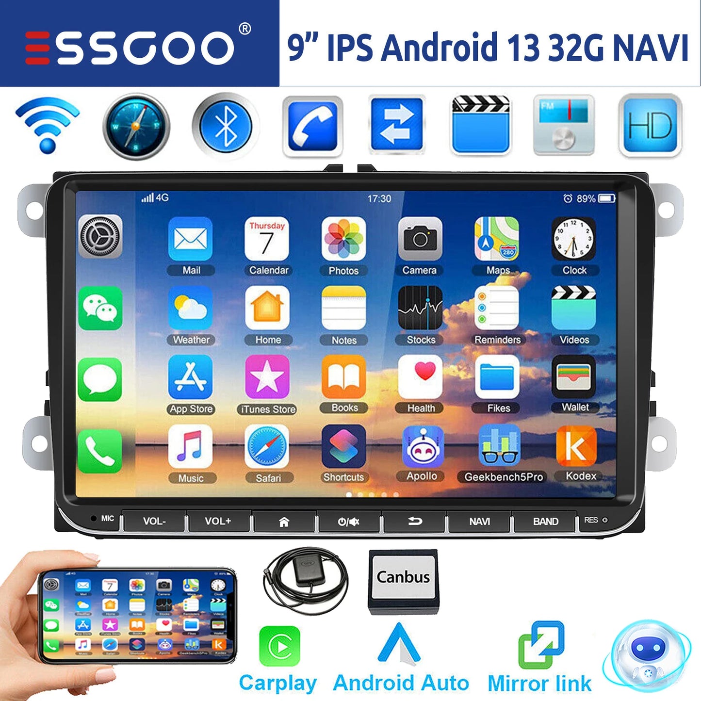 9" Android 15 6G+128G Wireless Carplay Car Stereo GPS NAVI WIFI RDS FM BT EQ for VW Golf 5 6 Passat Polo Touran Tiguan Caddy EOS
