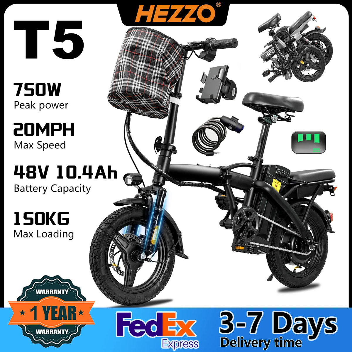 HEZZO T5 Folding Electric Bike For Adults 750W Peak Motor