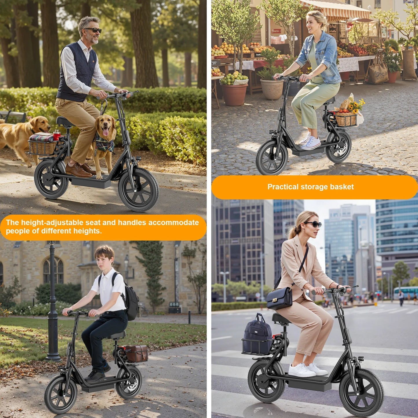14‘’ Electric Scooter with Seat for Adult, 20MPH Speed Power by 500W Motor, 48V/10.4Ah Battery,28miles Max Range Wider Deck & Height Carry Basket