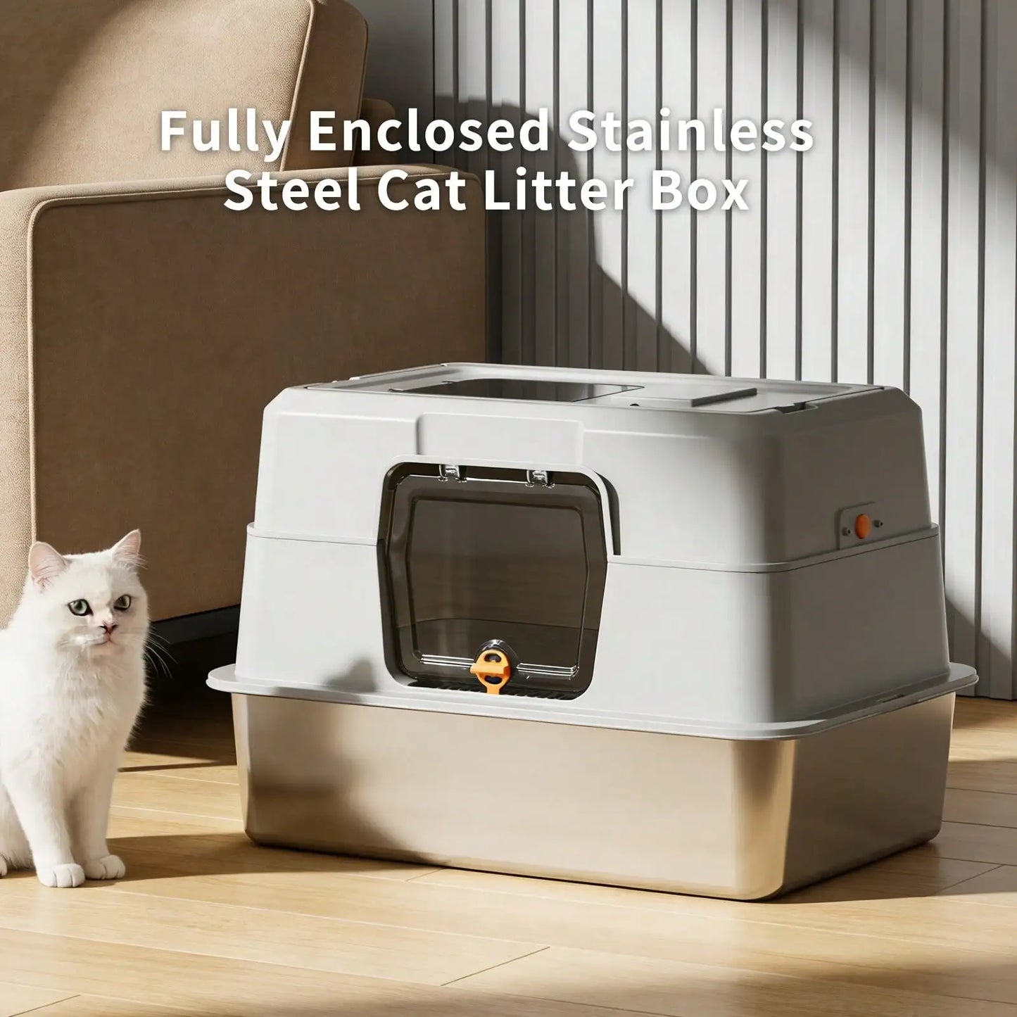 Citylife Extra Large Stainless Steel Cat Litter Box, Fully Enclosed Double Door, Long-Lasting Odor-Blocking And Splash-Resistant Cat Toilet ， 120° Flip-Top, Easy Clean
