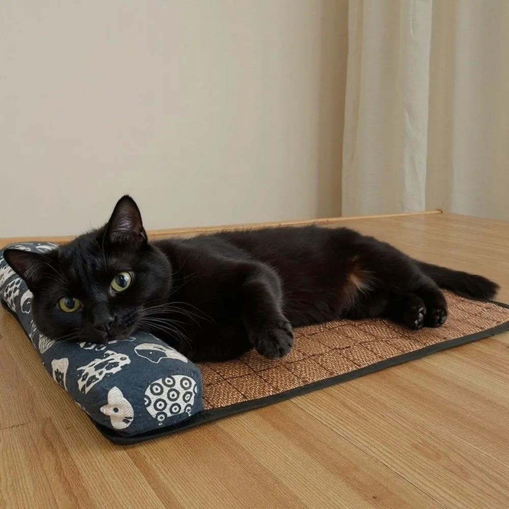 Safe Cute Print Pet Cooling Mats with Pillow Foldable Dog Cooling Mat Breathable Washable Dog Cooling Blanket Summer dog bed cat hammock pet 라탄 dog bed