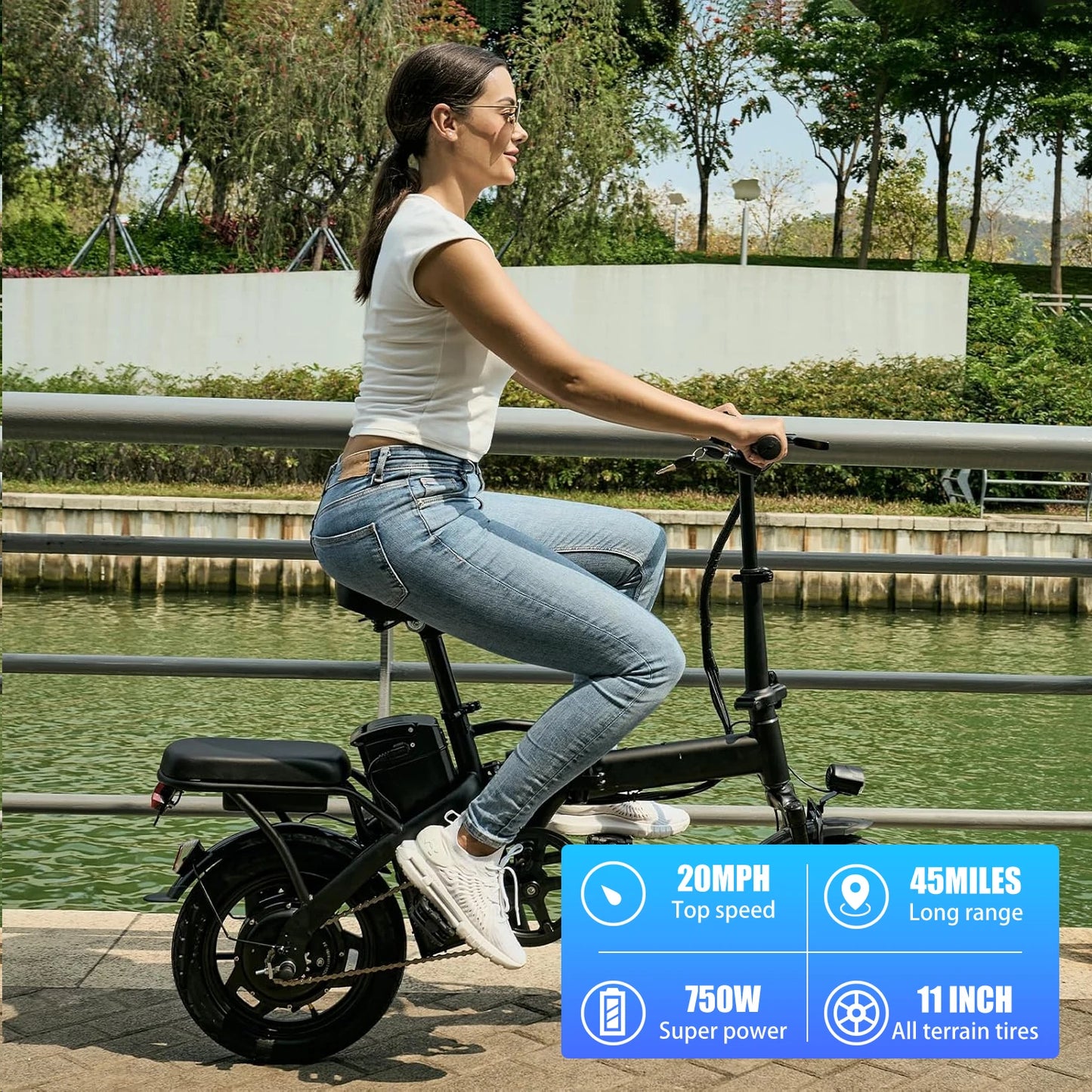 T5 14-inch Foldable Electric Bike 48V 750W Peak Power 20MPH 499Wh Long Range Lightweight Ebike with Dual Disc Brake And Basket for Adult Commute 22 Miles