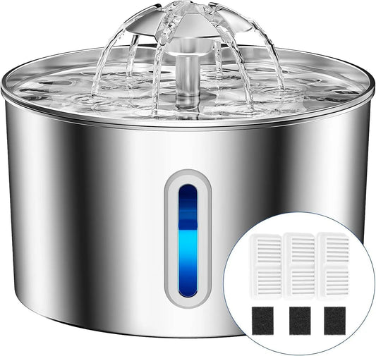 Cat Water Fountain Stainless Steel - 74oz/2.2L Automatic Large Pet Watering Bowl Dispenser for Indoor Dogs - Drinking Fountains with 3 Filter, Gifts for Cats and Kitty - Dog Waterer Bowls No Spill