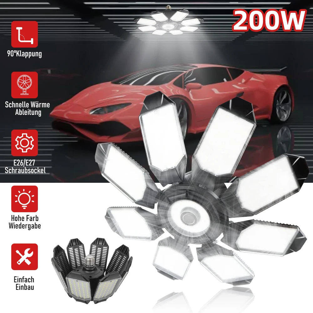200W Powerful Garage Light LED Foldable LED Bulbs E27 Adjustable Multi Panel Ceiling Lamp For Workshop Warehouse Lighting