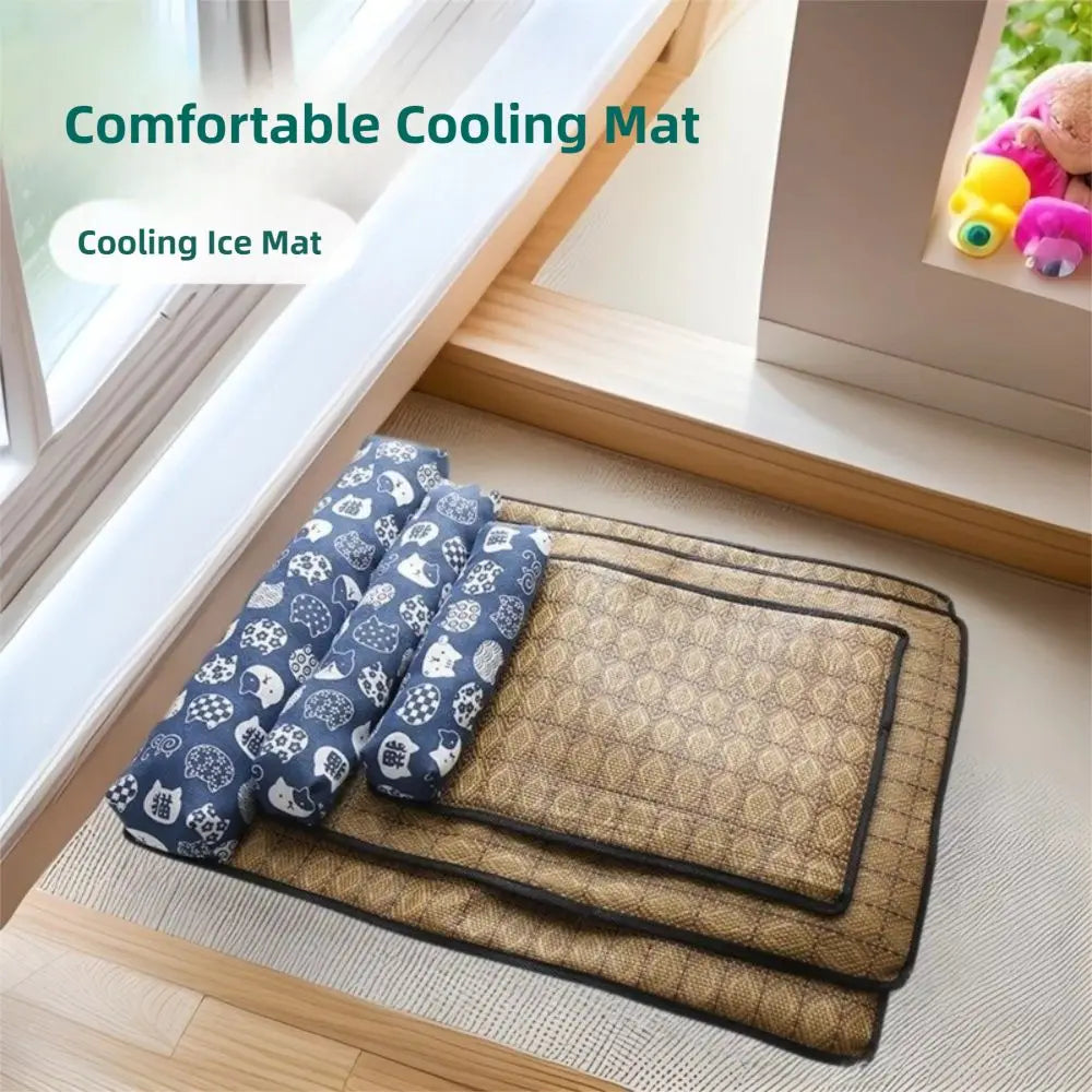 Safe Cute Print Pet Cooling Mats with Pillow Foldable Dog Cooling Mat Breathable Washable Dog Cooling Blanket Summer dog bed cat hammock pet 라탄 dog bed